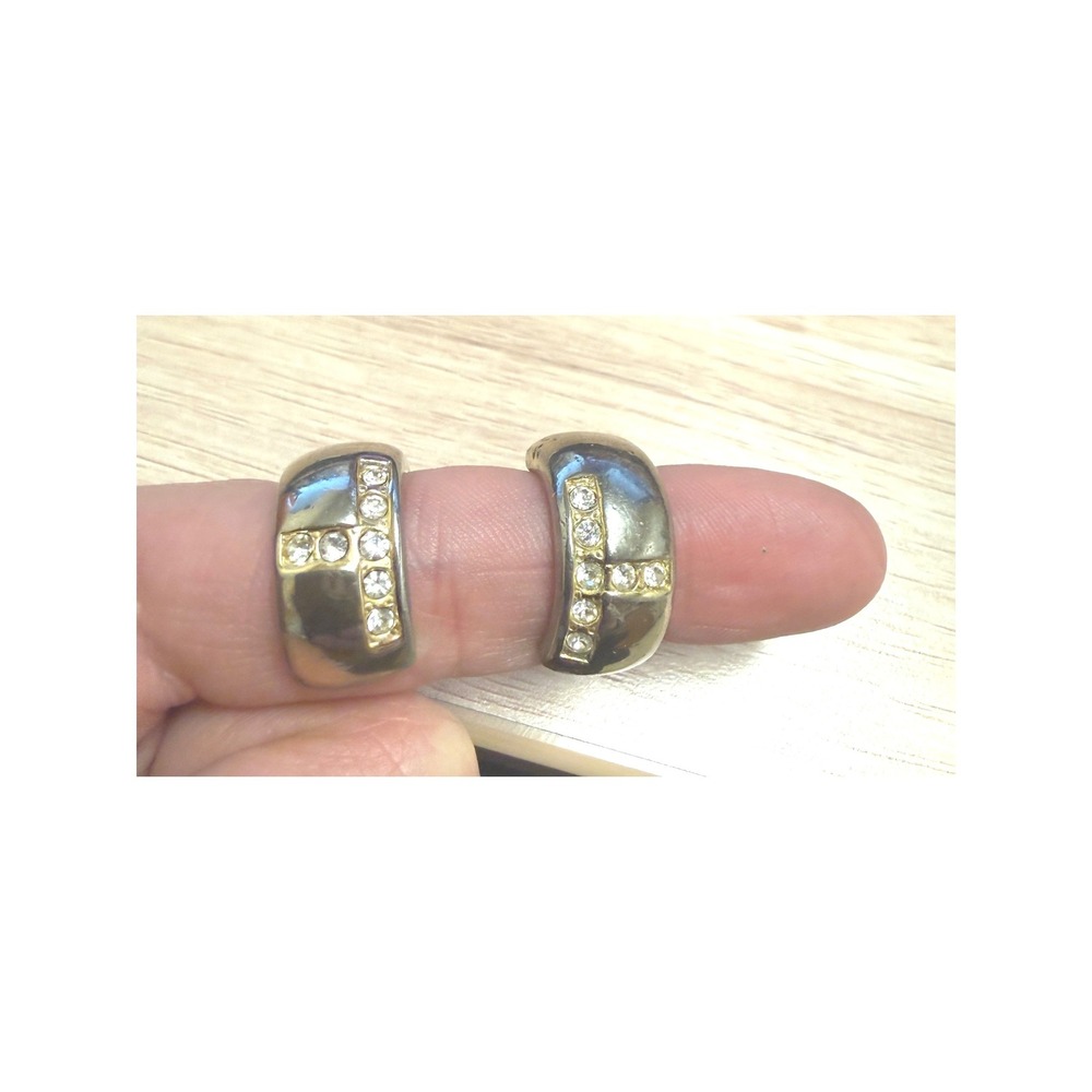 Monet Vintage Gold Tone‎ Chunky J-Hoop Earrings Rhinestone T-Shape Inlay Post